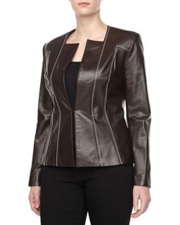 Womens Leather Jacket with Contrast Stitching   Carolina Herrera   Cafe (12)