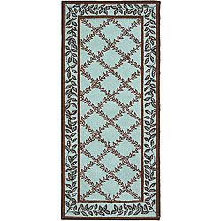 Hand hooked Trellis Turquoise Blue/ Brown Wool Runner (26 X 6)