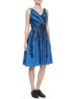 Womens Faux Wrap Dress with Lace Trim, Blue   Bottega Veneta   Electrique/Nero
