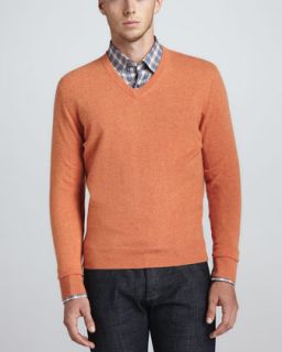 Mens V Neck Cashmere Pullover Sweater, Tangerine   Tangerine (SMALL)