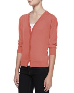 Womens 3/4 Sleeve V Neck Cardigan, Coral Reef   Coral reef (LARGE)