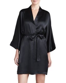 Womens Silk Short Robe, Black   Black (SMALL)