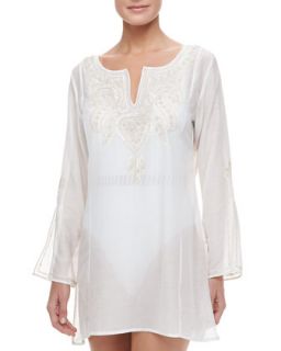 Womens Bahia Embroidered Front Slit Sleeve Coverup Tunic, White   florabella  