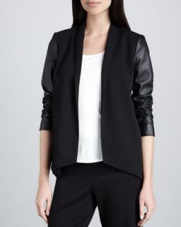 Womens Tropical Suiting Leather Sleeve Jacket, Petite   Eileen Fisher   Black