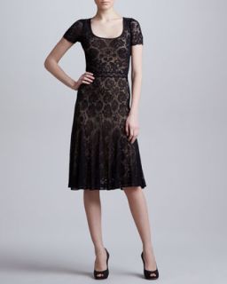 Womens Short Sleeve Lace Dress, Black   Zac Posen   Black (L/10 12)