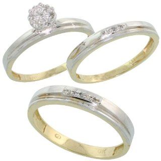 10k Yellow Gold Diamond Trio Engagement Wedding Ring Set for Him 4mm and Her 3 mm 3 piece 0.10 cttw Brilliant Cut, ladies sizes 5   10, mens sizes 8   14 Jewelry