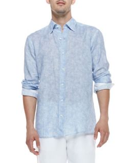 Mens Shell Print Linen Shirt, Light Blue   Ermenegildo Zegna   Purple (XL)