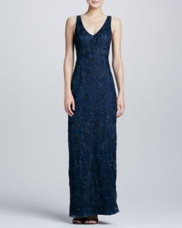 Womens Embroidered V Neck Gown, Navy   Sue Wong   Navy (2)