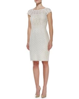 Womens Cap Sleeve Lace & Jacquard Dress, Ivory   Kay Unger New York   Ivory