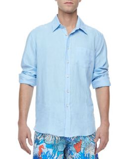 Mens Linen Long Sleeve Linen Shirt Shirt, Light Blue   Vilebrequin   Skyblu (X 