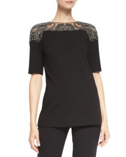 Womens Elbow Sleeve Embroidered Top Blouse   Lela Rose   Black (14)