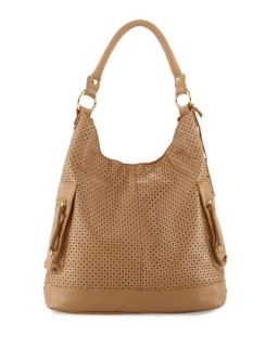 Dylan Perforated Leather Hobo Bag, Nougat   Linea Pelle