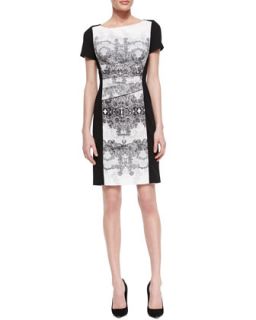 Womens Short Sleeve Baroque Front Dress, Black/White   Kay Unger New York  