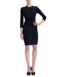 Womens Spine Lace Jacquard 3/4 Sleeve Dress   Alexander McQueen   Blue/Black