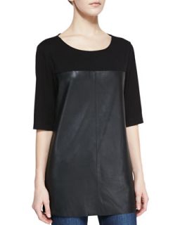Womens Half Sleeve Knit & Leather Top, Black   Bagatelle   Black (MEDIUM/8 10)