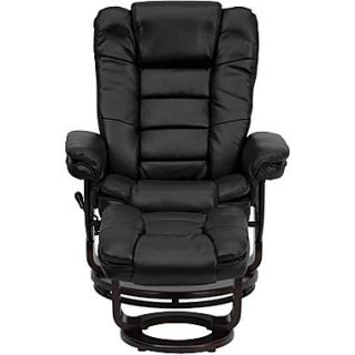 Flash Furniture Contemporary Leather Swivel Recliner and Ottoman with Mahogany Wood Base, Black