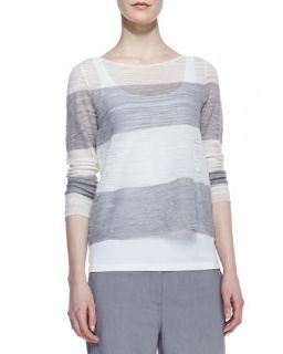 Womens Striped Sheer Box Top, Petite   Eileen Fisher   Pewter (PM (10/12))