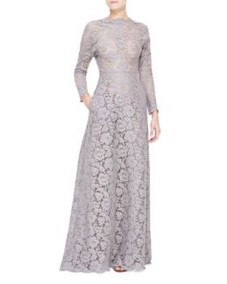 Womens Long Sleeve Lace Gown with Open Back   Valentino   Lilac gray (6)