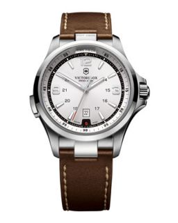 Mens Night Vision Leather Watch, Silver   Victorinox Swiss Army   Silver