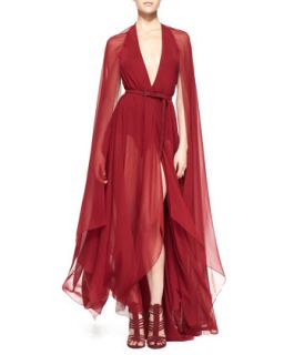 Womens Belted Paneled Chiffon Evening Gown, Ruby Red   Donna Karan   Ruby (12)