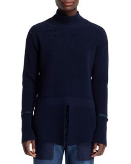 Womens Turtleneck Sweater with Slit Sleeves, Slate Blue   Stella McCartney  
