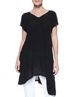 Asymmetric Georgette V Neck Tunic, Womens   Johnny Was Collection   Black (3X