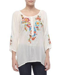 Womens Sheer Embroidered Long Blouse   Johnny Was Collection   Cloud cream