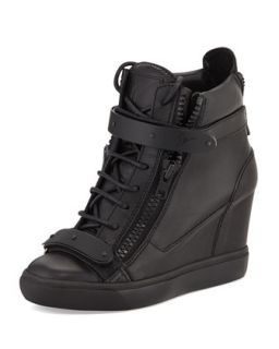 Leather Double Strap Wedge Sneaker, Nero   Giuseppe Zanotti   Nero (37.5B/7.5B)