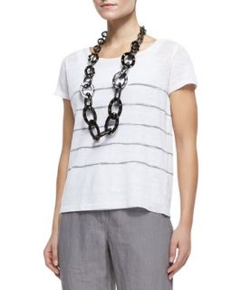Womens Cap Sleeve Striped Top, Petite   Eileen Fisher   White/Pewter (PL