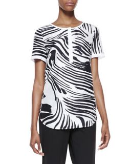 Womens Shari Short Sleeve Zebra Print Top, Black/White   Lafayette 148 New
