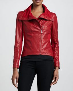Womens Leather & Ponte Asymmetric Jacket, Red   Bagatelle   Red (MEDIUM/8 10)