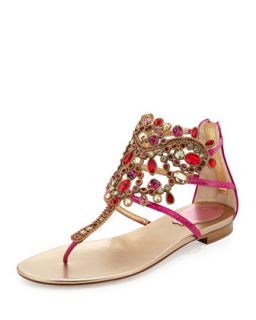 Crystal Embellished Flat Thong Sandal   Rene Caovilla   Fuchsia/Red/Gold (42.