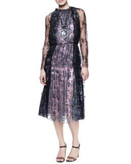 Womens Metallic Lace Tea Length Dress, Anthracite/Purple   Lanvin   Anthracite