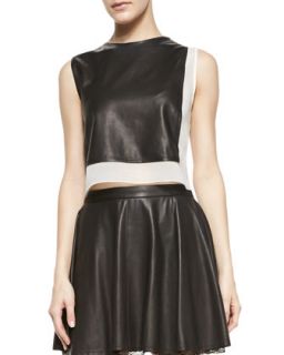 Womens Sleeveless Combo Leather Crop Top   Alice + Olivia   Off white/Black (0)