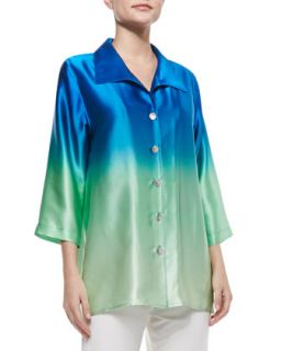 Ombre Charmeuse Button Front Shirt, Womens   Caroline Rose   Green/Blue (1X