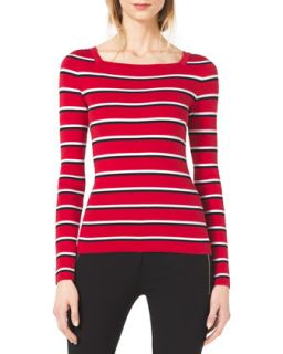 Womens Striped Square Neck Sweater   Michael Kors   Scarlet/Black (LARGE)