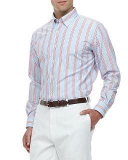 Mens Port Striped Long Sleeve Shirt, Blue/Red   Peter Millar   Blue/Red (LARGE)