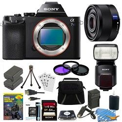 Sony ILCE 7S/B a7S Full Frame Camera, 35mm Lens, 64GB Card, 2 Batteries, Flash B