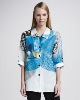 Womens Tropical Orchid Ramie Shirt, Petite   Caroline Rose   Blue/Multi (PM