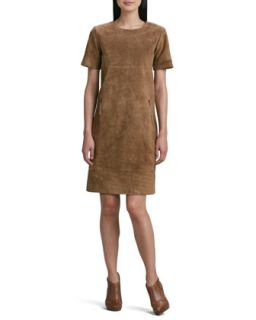 Womens Suede Zip Pocket Shift Dress   Camel (X LARGE/16)