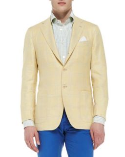 Mens Windowpane Three Button Jacket, Yellow   Kiton   Yellow (47/48R)