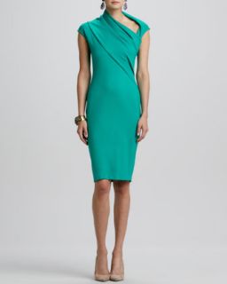 Womens Cap Sleeve Asymmetric Neck Dress   Oscar de la Renta   Teal (10)
