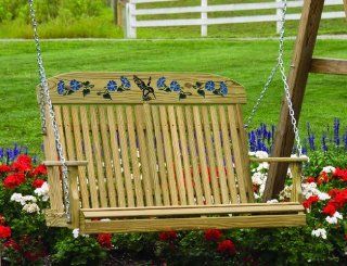 Outdoor 4 Foot Rollback Porch Swing with Painted Hummingbird and Blue Morning Glories *Treated Pine* Amish Made USA  Patio, Lawn & Garden