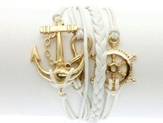 White Anchor Bracelet Ships Wheel Infinity Friendship Rope Leather Gold Tone Steampunk Adjustable Vintage Style Carolyn Jane's Jewelry Jewelry