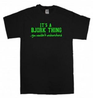 IT'S A BJORK THINGYOU WOULDN'T UNDERSTAND   LIME GREEN PRINT   BLACK T SHIRT Clothing