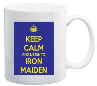 Keep Calm and Listen to Iron Maiden   11 Oz Coffee Mug Blue and Yellow Album CD   Nice Motivational And Inspirational Office Gift Kitchen & Dining