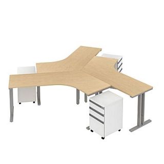 Bush Momentum 165W x 165D 3 Person Teaming Desk with Storage(3) 3 Drawer Mobile Pedestals, Natural Maple