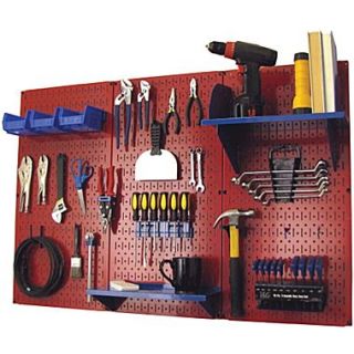 Wall Control 4 Metal Pegboard Standard Workbench Kit, Red Tool Board and Blue Accessories