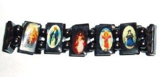 Black Steel Elasticated Saints Bracelest / Jesus Bracelets / Religious Bracelets / Wristbands with colored images Jewelry