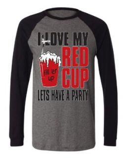 I Love My Red Cup Lets Have a Party Men's Long Sleeve Baseball T shirt Funny Drunk Drinking Design Baseball Shirt Clothing